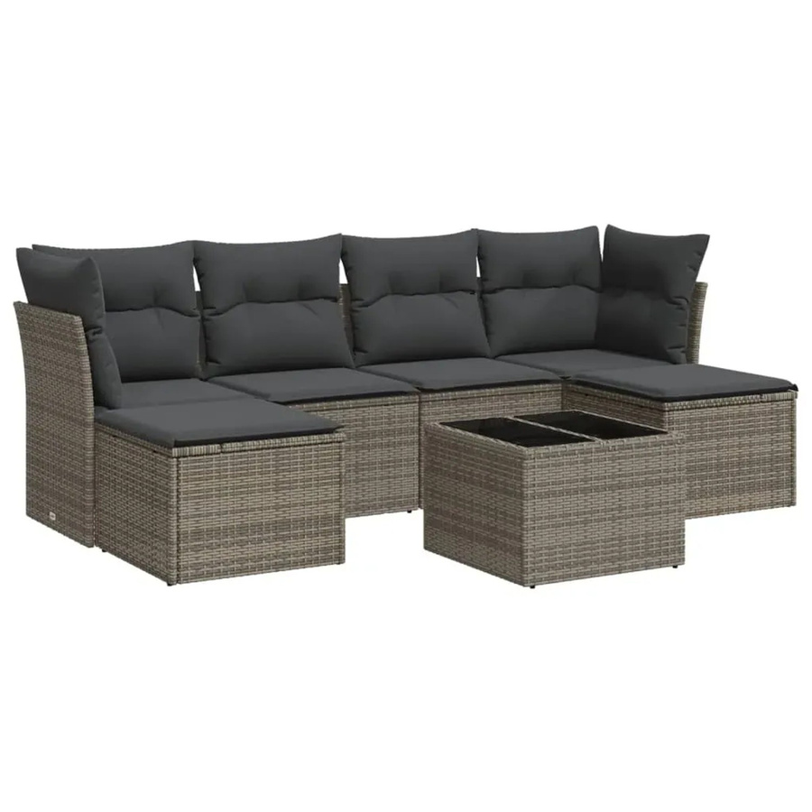 vidaXL 7-tlg. Garten-Sofagarnitur in L-Form mit Polsterkissen und Couchtisch, Grau, Poly-Rattan und Metall - Bild 2