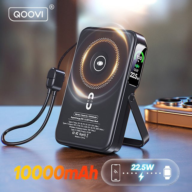 QOOVI Qi2 Wireless Power Bank 10000 mAh mit PD20W Schnellladefunktion, Tragbares Ladegerät in Schwarz für iPhone, Samsung, iWatch und AirPods - Bild 1