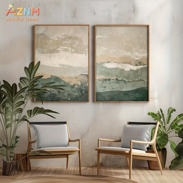 2er-Set AZNM Abstrakte Landschafts-Leinwandbilder in Grün und Beige, moderne Boho-Wanddekoration im minimalistischen Stil, ungerahmt - Bild 1