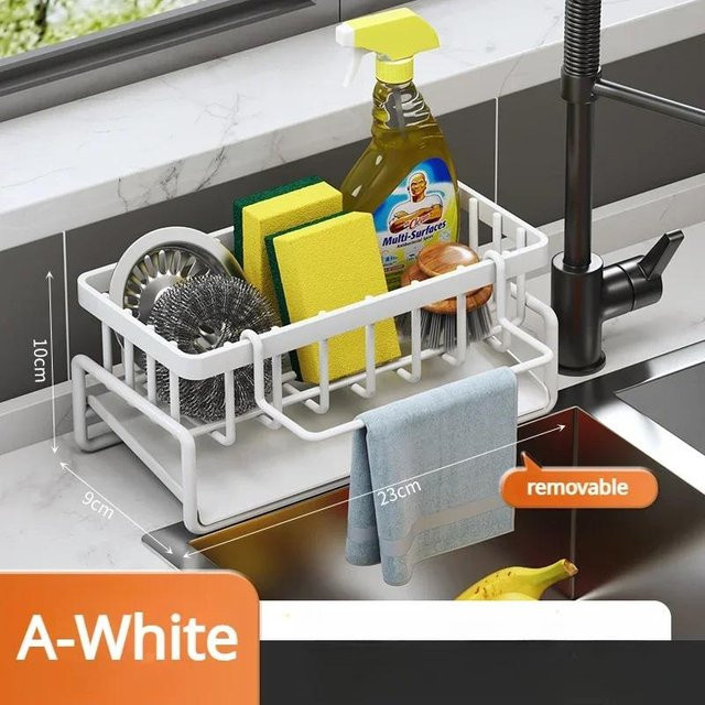 Selbstentleerendes Spülbeckenregal aus Edelstahl von Yiran Furniture in Weiß zur Schwammaufbewahrung und als Wasserhahnhalter für die Küchenspüle - Bild 1
