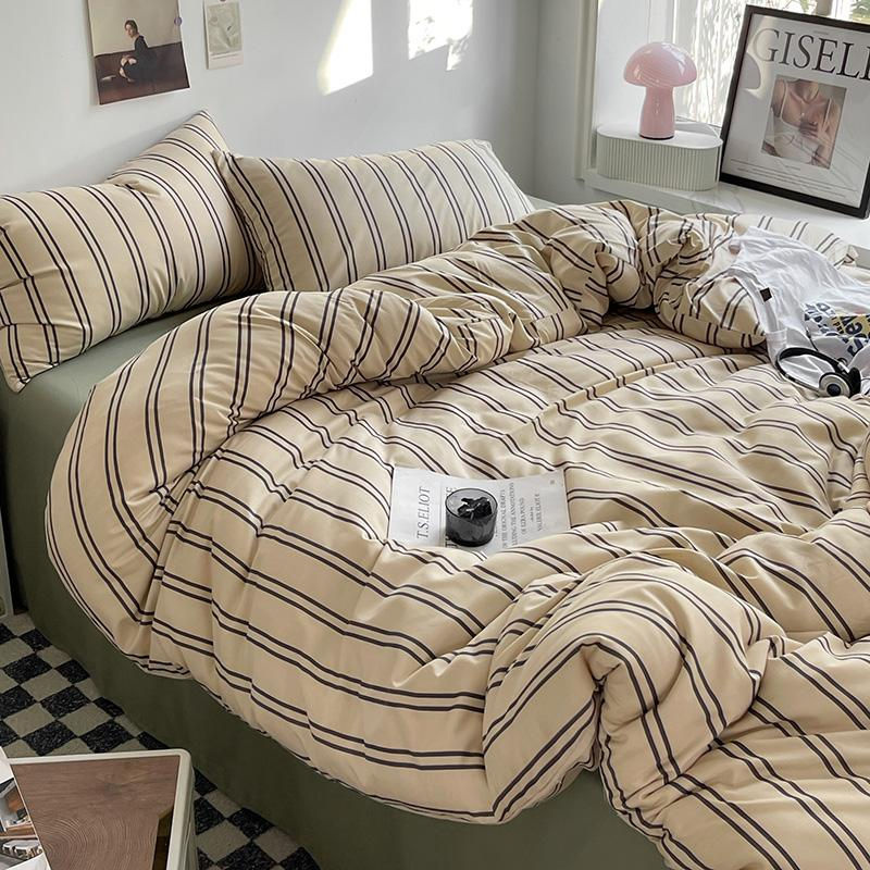 Bin Chi Textiles Gestreifte Bettwäsche aus Baumwollmischung in Beige, 3-teiliges Set bestehend aus Bettbezug, Kissenbezug und Spannbettlaken, B/H: 150 x 200 cm - Bild 2