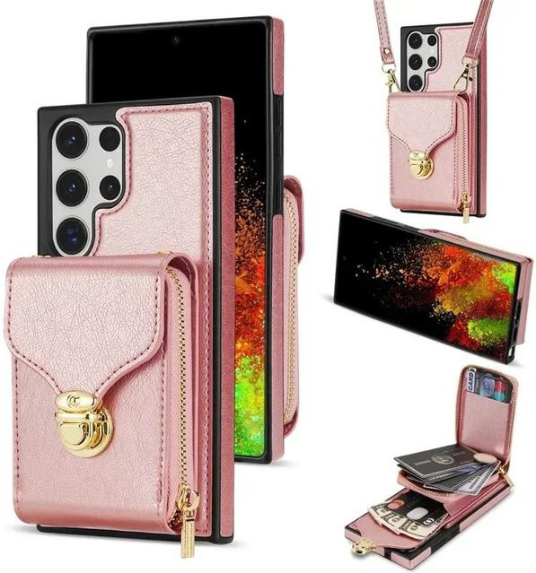 Leder Lanyard Handyhülle mit Reißverschluss und Klappständer für Samsung Galaxy S25 S24 S23 S22 S21 S20 A54 A14 A53 A13 in Schwarz, Rot, Lila, Grün oder Pink - Bild 1