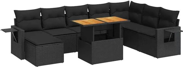 vidaXL 9-tlg Garten-Sofagarnitur in L-Form aus schwarzem Poly-Rattan mit wetterfesten Kissen und pulverbeschichtetem Stahlrahmen - Bild 1