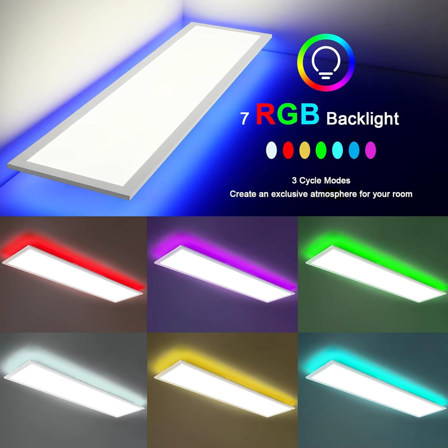 Oraymin LED-Panel-Deckenleuchte in Weiß mit RGB-Hintergrundbeleuchtung, dimmbar mit Fernbedienung, B/T: 100 x 25 cm, 30W - Bild 2