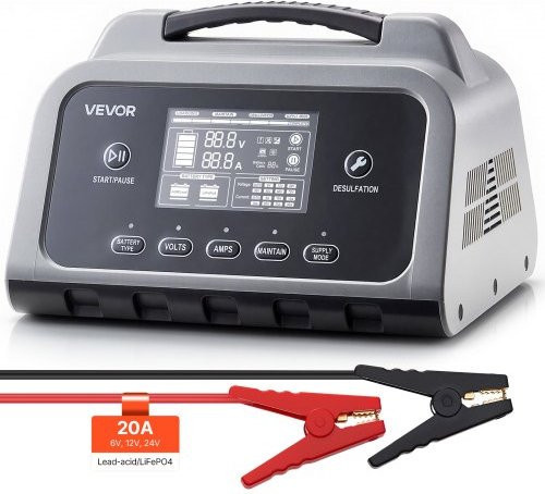 VEVOR Intelligentes Autobatterieladegerät 20A für 6V 12V 24V Blei-Säure und Lithium LiFePO4 Batterien mit LCD-Display und Reparaturmodus in Grau - Bild 1