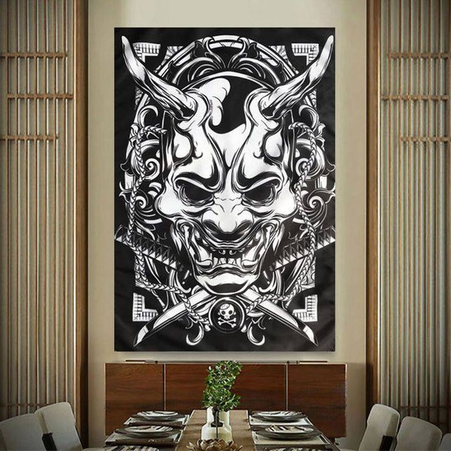 VIKAMA Wandteppich mit Ukiyo-e Illustration in Schwarz, Orientalscher Textil-Wandteppich für Wohnzimmer und Dekoration - Bild 1