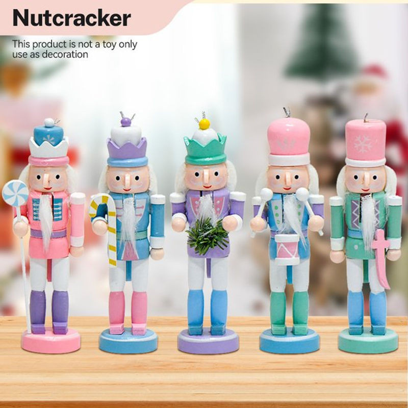 Fünfteiliges Set bunte Nussknacker aus Holz als Weihnachtsanhänger in Macaron-Farben, Höhe: 12 cm - Bild 1