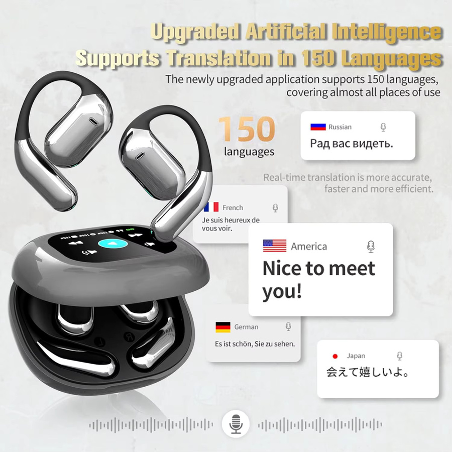 UYUXIO KI-Übersetzungs-Ohrhörer in Schwarz mit LCD-Touchscreen für Echtzeit-Übersetzungen in 144 Sprachen als In-Ear-Modell - Bild 1