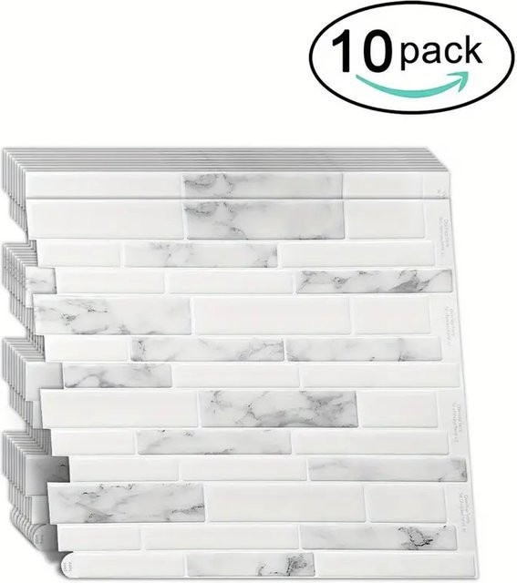 10 Stück Vividtiles 3D-Wandaufkleber in Marmor-Optik, selbstklebende Vinyl-Tapete in Weiß, ölbeständig und wasserdicht für Küche und Badezimmer - Bild 1