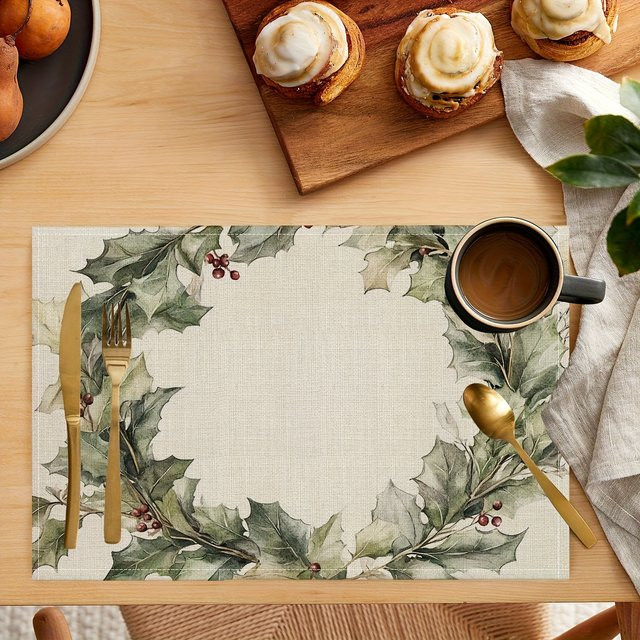 VIKAMA Holly Berry Tischsets im 4er-Set, rechteckig, mehrfarbig, florales Design für Weihnachten - Bild 1