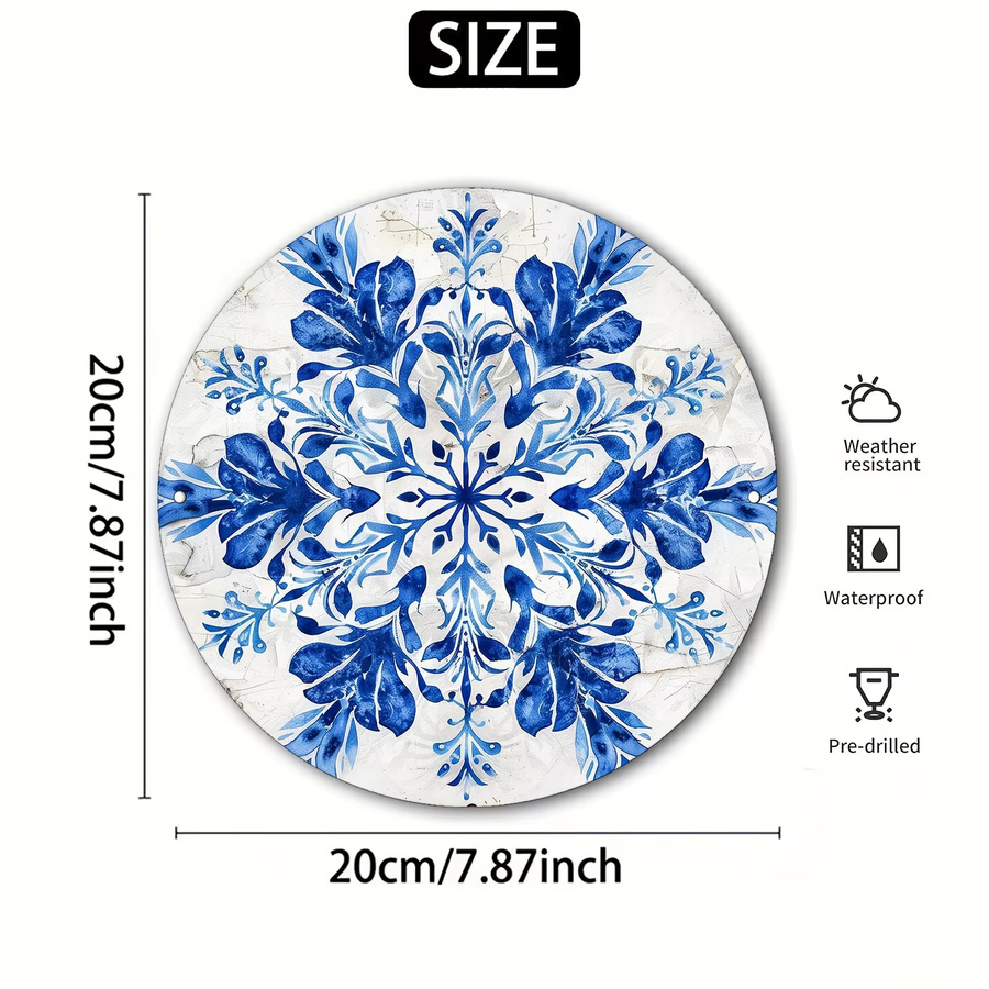 Potdemiel Vintage-Schneeflocken Aluminiumschild mit blauem und weißem Blumendesign, runde Wanddekoration für Outdoor und Zuhause, Durchmesser: 20,3 cm - Bild 3