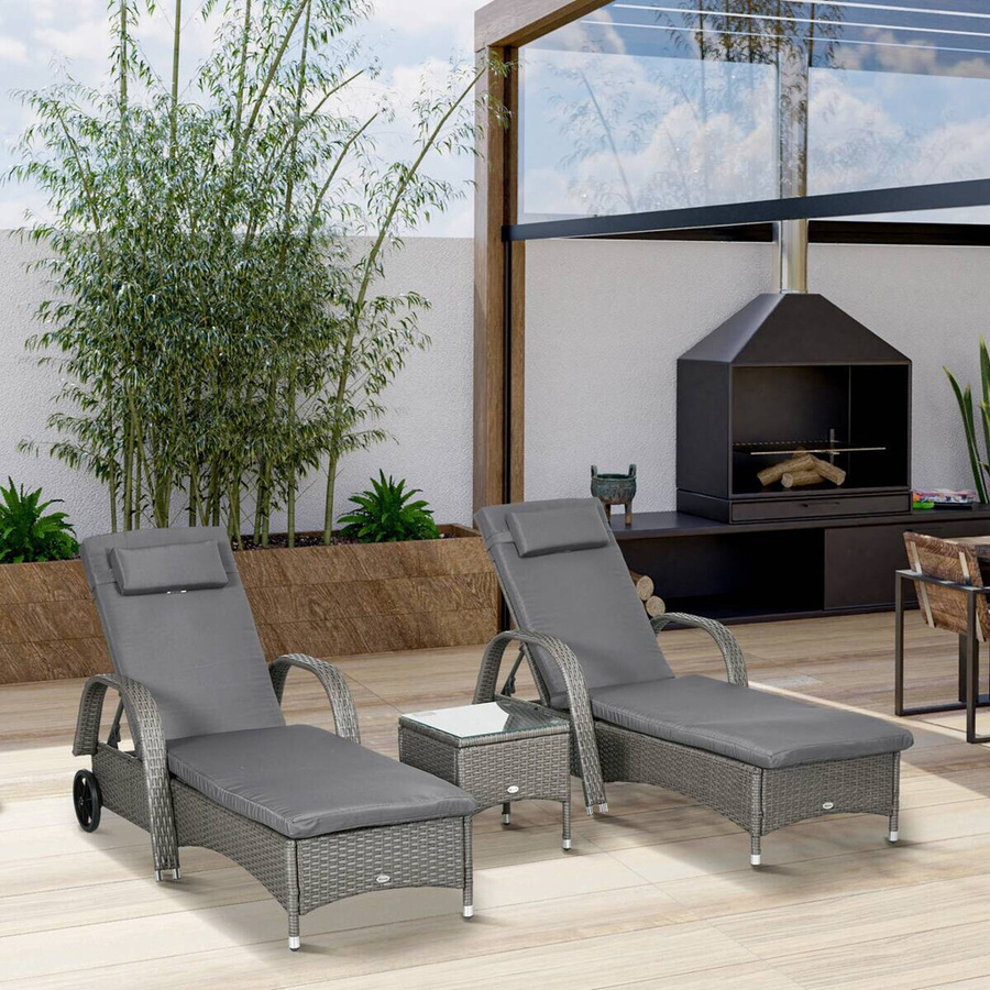 Outsunny 3er-Set Gartenliegen aus Polyrattan und Metall in Grau und Anthrazit mit verstellbarer Kopfstütze und Rollen, B: 73 cm, L: 200 cm, H: 103 cm - Bild 4