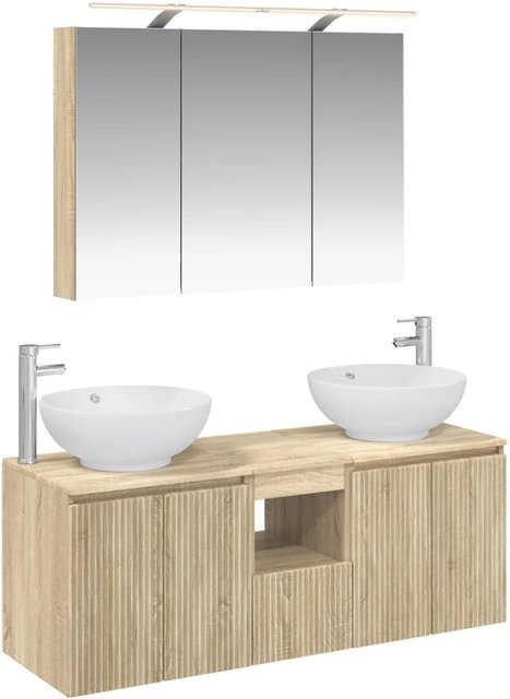vidaXL Badezimmerschrank-Set 4-teilig in Sonoma-Eiche, modern mit Waschtischunterschrank, Spiegelschrank, LED-Beleuchtung und Wandmontage, Braun - Bild 1