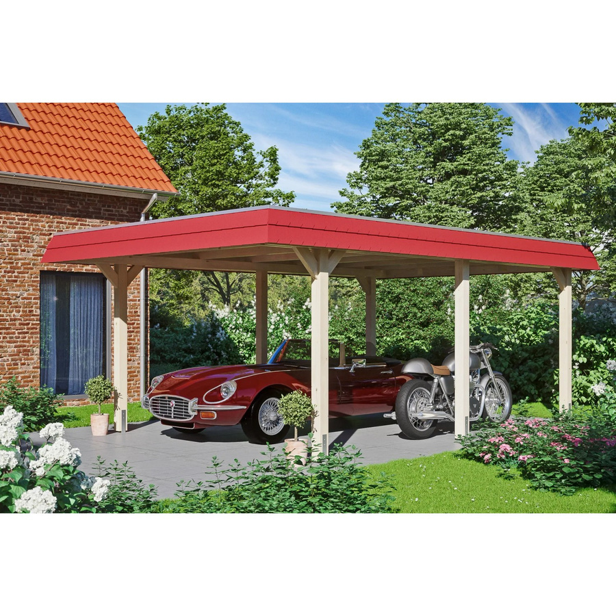 Wendland Skan Holz Carport Natur mit Alu-Dach und Blende Rot B/T/H: 628 x 409 x 247 cm - Bild 2