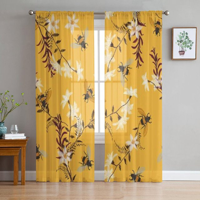Luxuriöser Chiffon Tüllvorhang mit Blumen, Bienen und Schmetterlingen von Super Six in Beige, B: 135 cm, H: 114 cm - Bild 1
