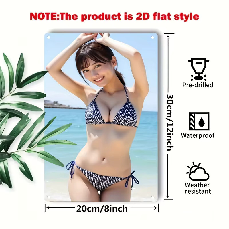 HELLOYOUNG Vintage Metall Wandkunst Schild mit Bikini Strand Mädchen in Blau und Weiß, Retro Badeanzug Design Wanddeko - Bild 3