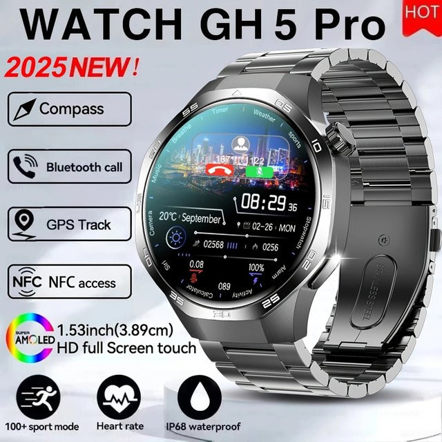 GUHUAVMI Smartwatch, Edelstahl, Schwarz, Herren, GPS, NFC, Bluetooth - Bild 1
