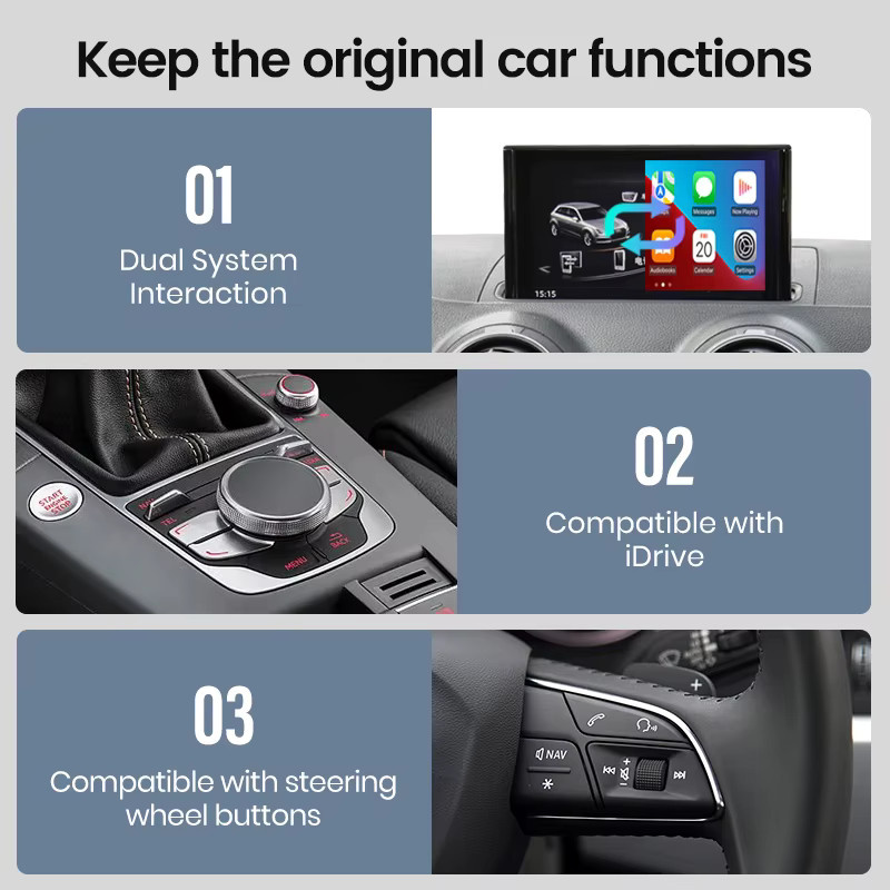 Junsun Android Auto und Wireless CarPlay Interface für Audi A3 8V und Q2 8P (2013-2018) mit Mirror Link, AirPlay, Bluetooth, USB und Rückfahrkamera in Schwarz - Bild 5