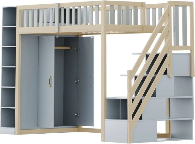 Merax Hochbett aus Massivholz und MDF mit Schrank, Regal und Schubladen in Grau und Weiß, B/T/H: 200 x 90 x 173 cm - Bild 1