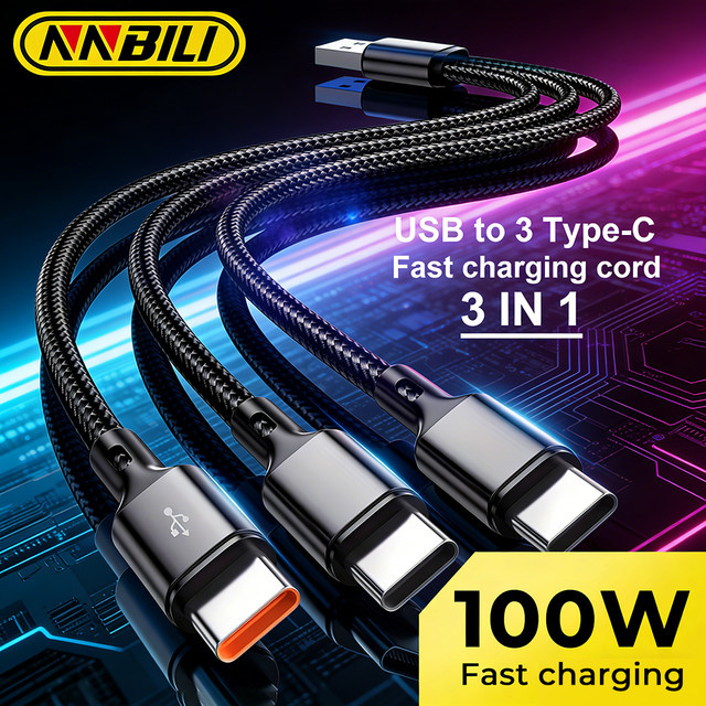 NNBILI 3-in-1 USB-A auf 3x Type-C Schnelllade-Datenkabel mit 100W und 6A für Android-Smartphones in Schwarz oder Rot - Bild 1