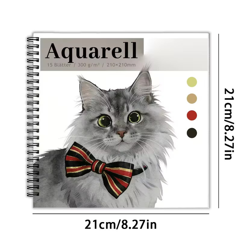 Aquarell-Skizzenbuch mit grauem Katzen-Schleifenkragen-Einband, quadratisches Spiralnotizbuch für Anfänger und Hobbymaler, 15 Blatt - Bild 2