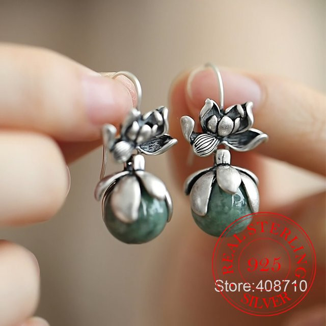 Robbie Ohrhänger 925 Silber, Jade Lotus, Vintage, Damen - Bild 1