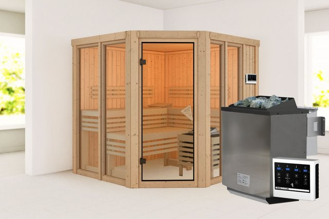 Karibu Sauna AIRI in Braun mit 9.0 kW BioOfen und externer Steuerung B/T/H: 196 x 196 x 196 cm - Bild 1