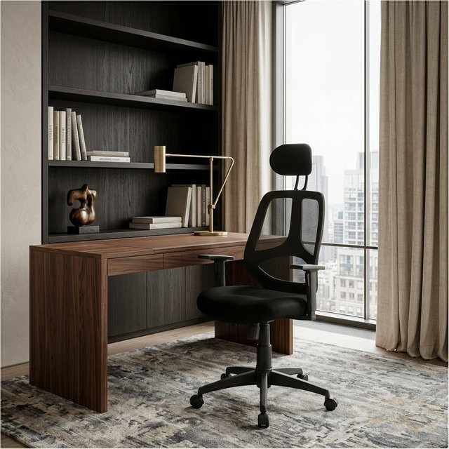 KADIMA DESIGN Bürostuhl Schwarz aus Stoff mit Kopfstütze, Armlehnen und Rollen, Belastbarkeit 120 kg - Bild 1