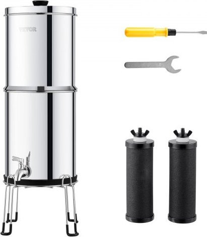 VEVOR Schwerkraft-Wasserfiltersystem aus 304 Edelstahl in Silber, 2,25 Gallonen mit 2 Kohlefiltern, Zapfhahn und Ständer zur Reduzierung von Blei und Chlor, ideal für Zuhause, Camping und Wohnmobil - Bild 1