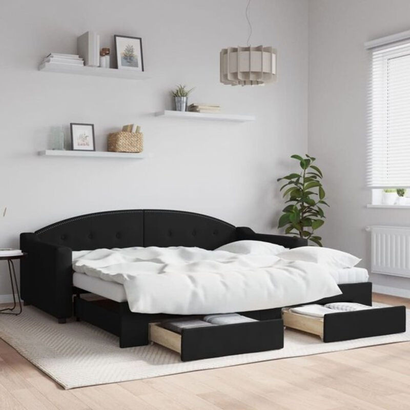 Ausziehbares Funktionsbett Vidaxl mit Schubladen in Schwarz aus Stoff und Metall, B/T: 90 x 190 cm - Bild 1