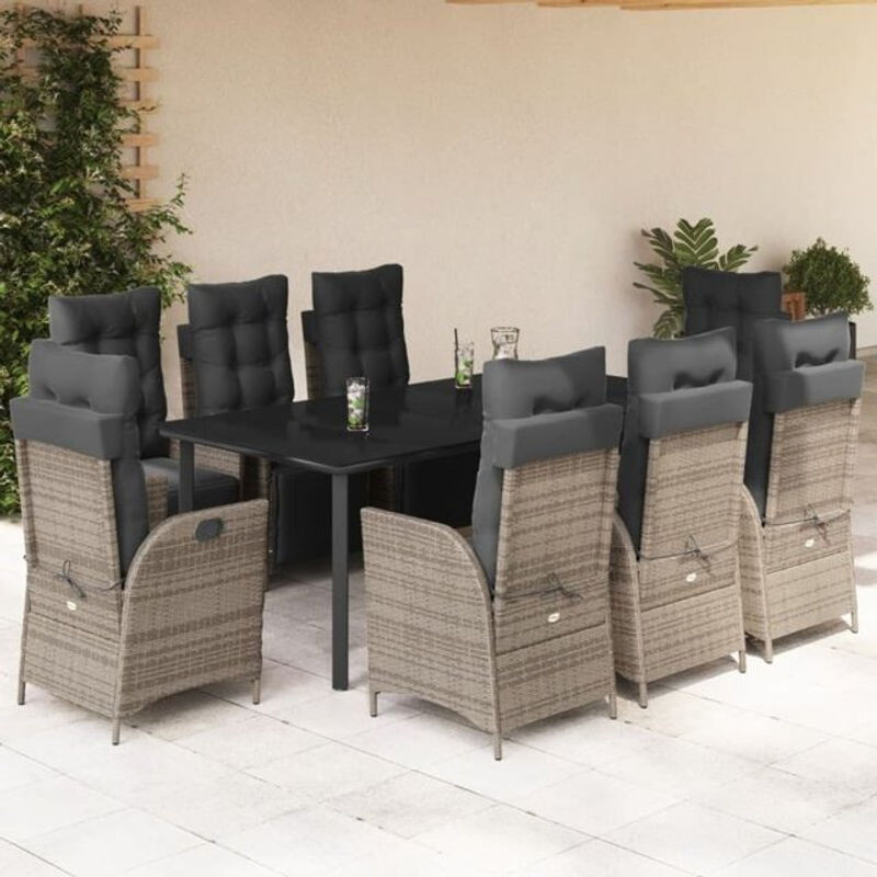 9-teilige moderne Garten-Essgruppe von vidaxl aus Poly-Rattan in Grau mit Kissen und Glastisch - Bild 1