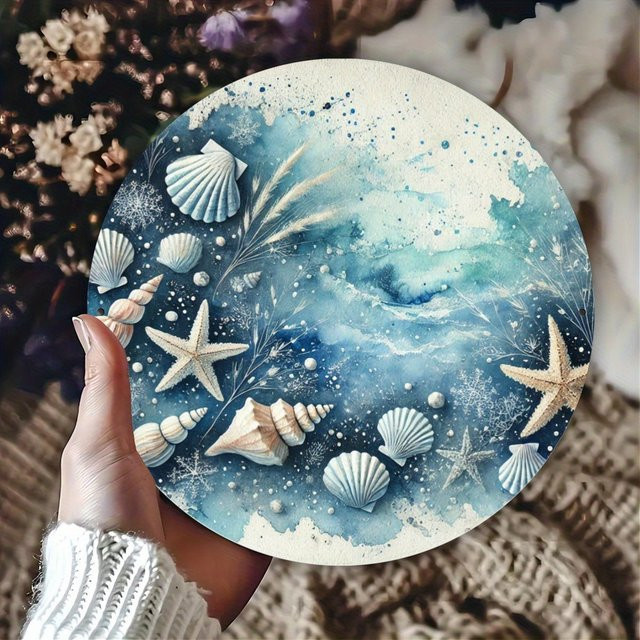 Potdemiel Rundes Metall-Wandschild mit Maritimem Muschel-Motiv in Blau, Durchmesser: 20,32 cm - Bild 1