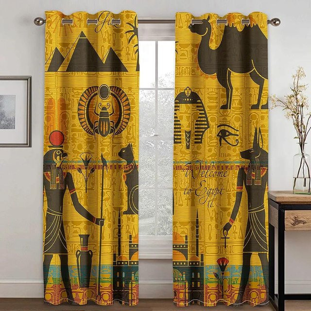 Yiran Furniture Ägyptische Vorhänge mit Hieroglyphen-Design, Gelb, B: 100 cm, H: 160 cm - Bild 1