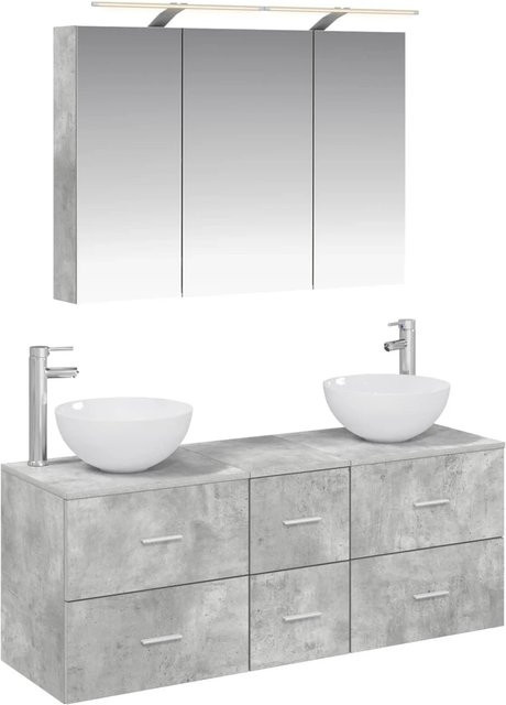 vidaXL Badezimmermöbel-Set 4-teilig in Betongrau mit Waschtischunterschrank, Spiegelschrank und LED-Beleuchtung aus Holz und Glas - Bild 1