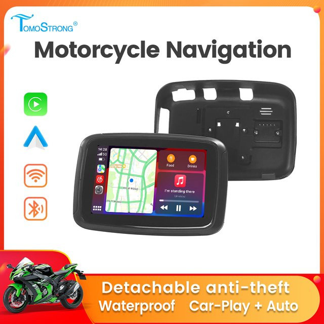 TomoStrong 5-Zoll tragbares Motorrad-GPS-Navigationsdisplay mit Android Auto und Wireless CarPlay, IPX7 wasserdicht, Schwarz - Bild 1