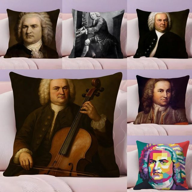 Klassischer Johann Sebastian Bach Kissenbezug aus Plüsch in Schwarz, quadratisch, Breite: 30 cm, Höhe: 30 cm - Bild 1
