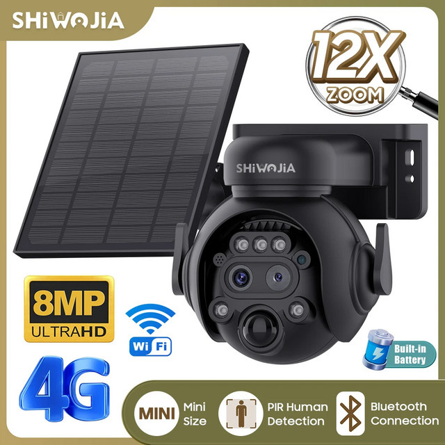 SHIWOJIA Solar-Überwachungskamera mit 8MP Dual-Objektiv, 12X Zoom, 4G LTE und WiFi, Schwarz, mit PIR Menschenerkennung und Nachtsicht - Bild 1