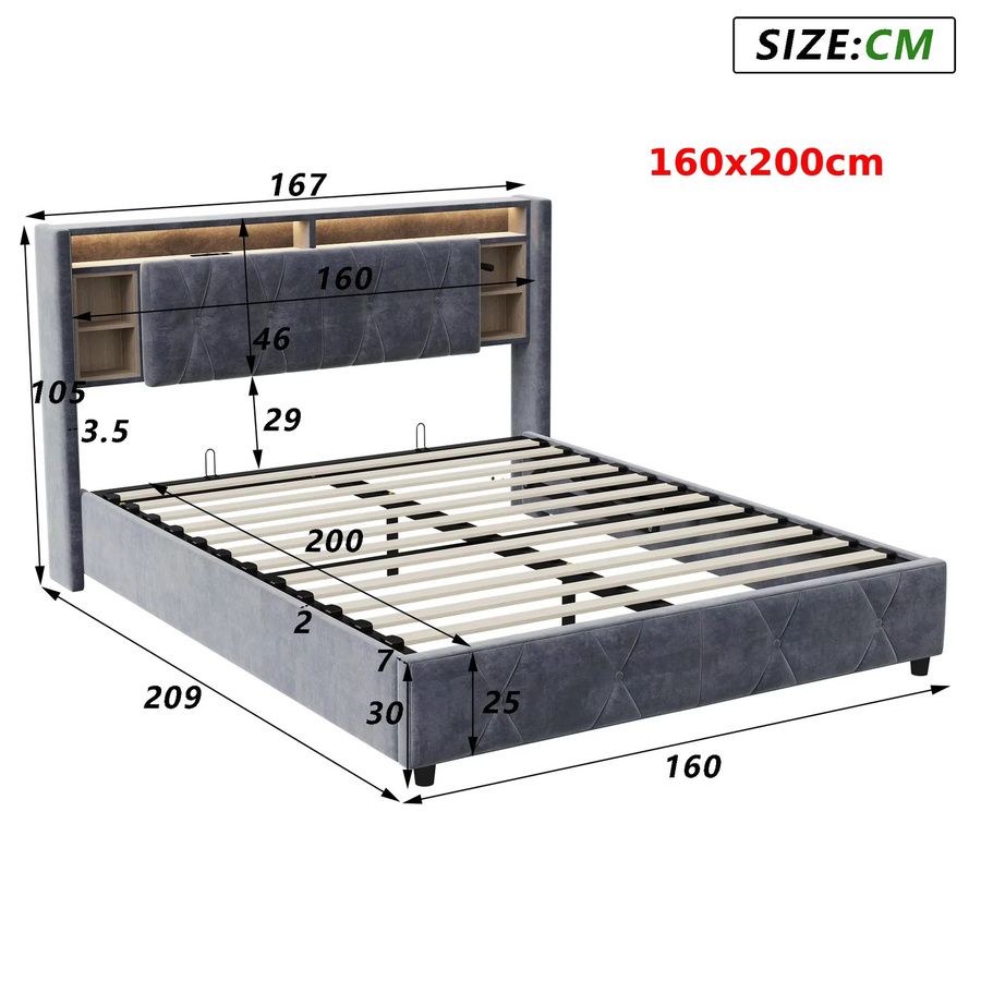 Anajqaqia Polsterbett aus Samt mit Stauraum, LED-Beleuchtung und USB-Anschluss, Plattformbett in Grau, B/T: 140 x 200 cm - Bild 4