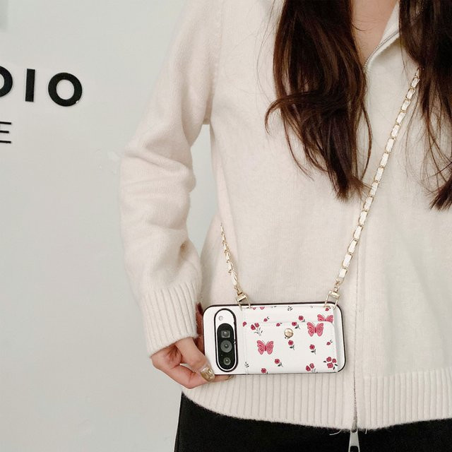 Multifunktions Handyhülle aus PU-Leder mit rosa Schmetterling-Metallkette und Kartenhalter für Google Pixel 6, 7, 8, 9 und 10 Pro X in Pink und Weiß - Bild 1