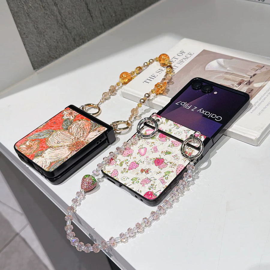 Samsung Galaxy Z Flip Handyhülle aus PU-Leder mit Scharnierschutz und farbiger Perlen-Handgelenkskette in Orange und Multicolour - Bild 2
