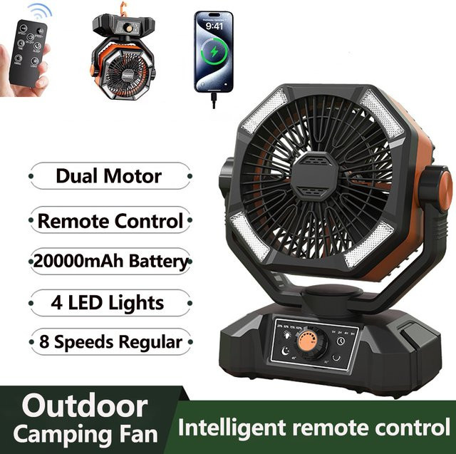 SKYTOO Campingventilator mit 20000 mAh Akku und 4 LED-Laterne, tragbarer Outdoor-Ventilator mit 8 Geschwindigkeiten für Camping und Angeln, Schwarz oder Grün - Bild 1