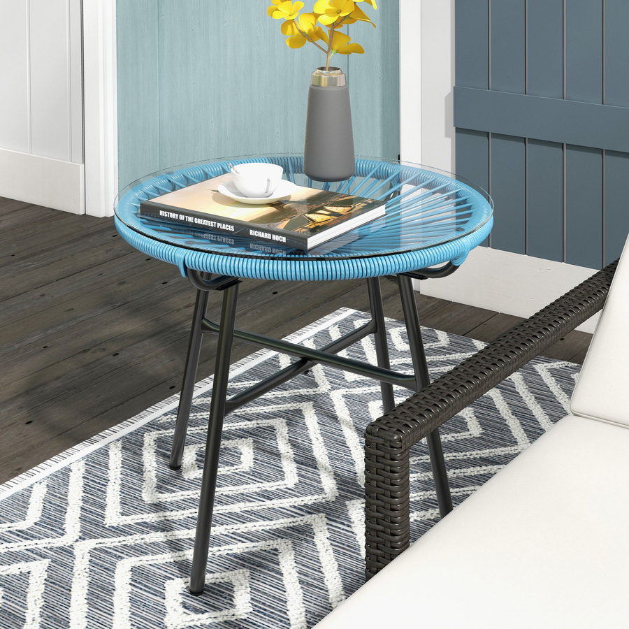 Outsunny Gartencouchtisch rund aus Rattan und Metall mit Glasplatte, Blau, Durchmesser: 50 cm - Bild 2