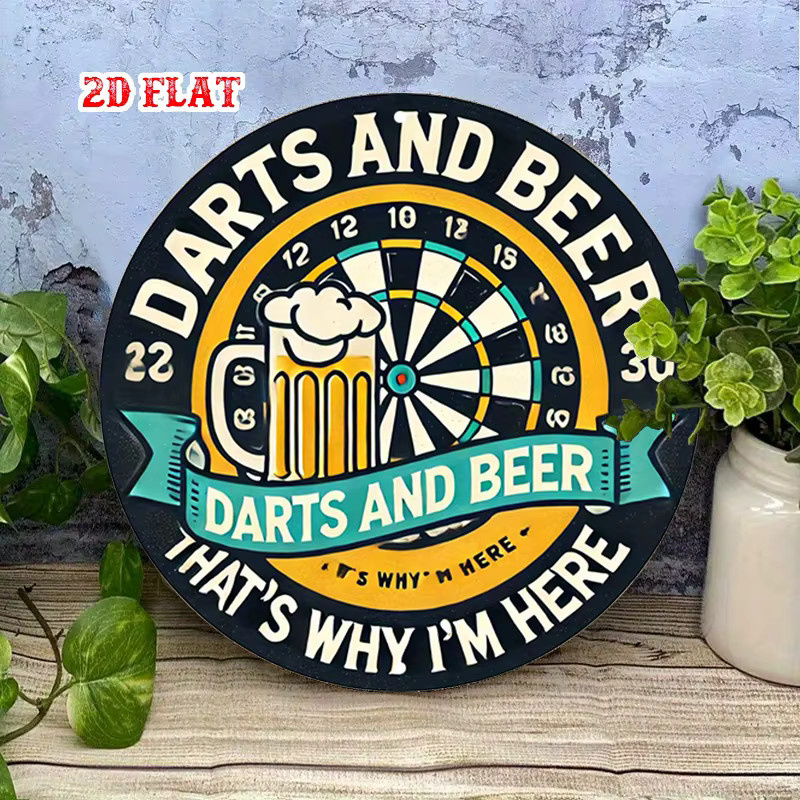 Rundes Aluminiumschild Potdemiel mit Retro-Dart- und Biermotiv, rustikale Metallwandkunst in Multicolour, Durchmesser: 20 cm - Bild 3