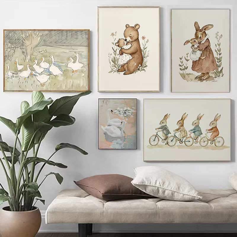 Potdemiel Wanddekoration mit Tier-Sportarten-Motiven Hasen und Schwäne als Cartoon-Illustration auf Leinwand, mehrfarbig, Hochformat - Bild 1