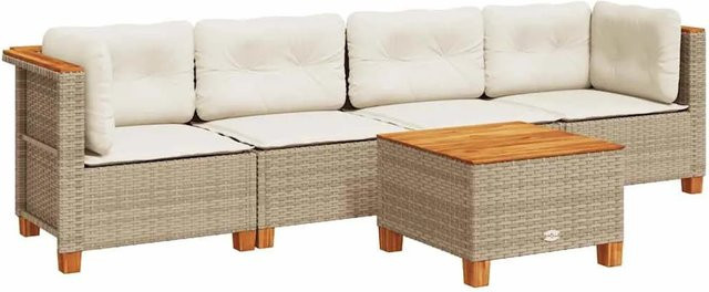 vidaXL 5-teilige Garten-Sofagarnitur aus Poly-Rattan und Akazienholz in Beige mit Kissen - Bild 1