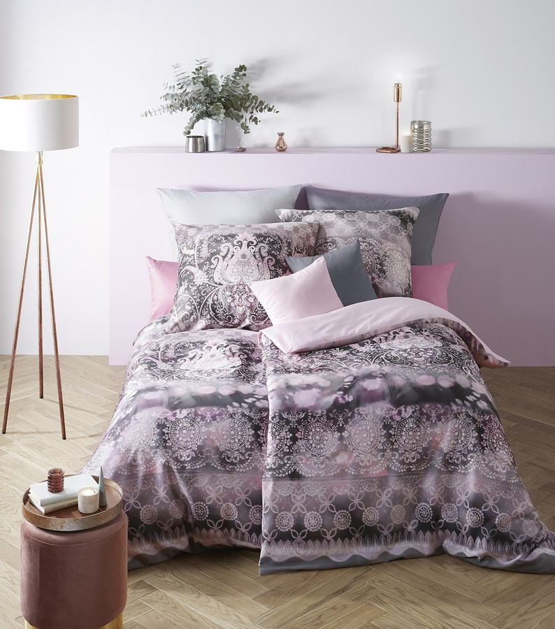 Fleuresse Mako-Satin Bettwäsche Ornamente Reversible Rosa Silber B/H: 155 x 220 cm - Bild 1