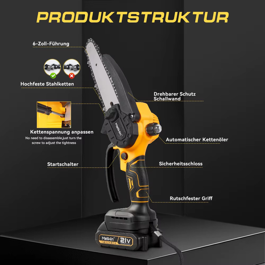 MELLWIN 6 Zoll Akku-Kettensäge Mini-Handkettensäge für Makita 18V LXT Akku, Orange - Bild 6