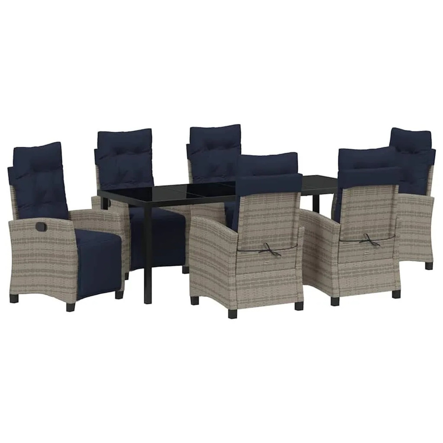 vidaXL Garten Essgruppe 7-teilig aus Poly-Rattan mit Glasplatte und Kissen in Grau - Bild 2