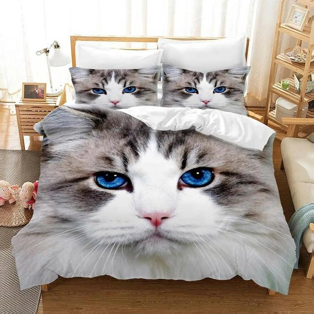 Binchi Fitness Bettwäsche-Set mit blauem Katzen-Motiv in 3D-Druck, Polyester, Farbe: Blau/Weiß, B/H: 245 x 210 cm - Bild 1