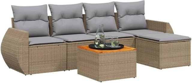 vidaXL 6-teilige Garten-Sofagarnitur aus Poly-Rattan in Beige mit Kissen und Akazienholz-Elementen - Bild 1